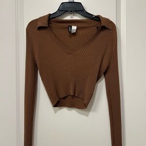 Brown Ribbed V-Neck Crop Top